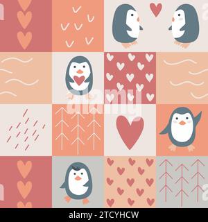 Penguins in love seamless pattern vector illustration Stock Vector