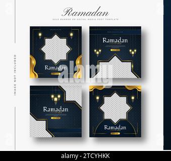 Social Media Post or Banner Template for Ramadan Sale Promotion with Luxury Decorations and Gold Lanterns Stock Vector