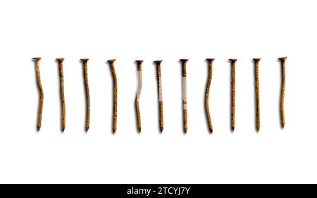 Old rusty bent nails isolated on white background Stock Photo