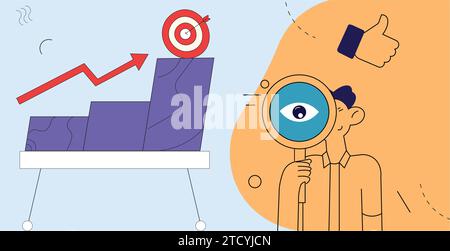 Businessman looking through a magnifying glass at a target, vector illustration Stock Vector