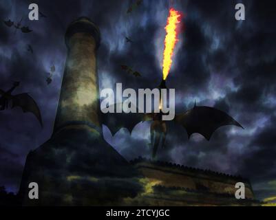 Digital illustration art. Many dragons around dark castle. Stock Photo