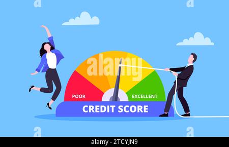 Man pushes credit score arrow gauge speedometer indicator with color levels. Measurement from poor to excellent rating for credit or mortgage loans co Stock Vector