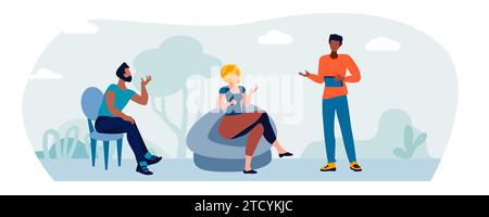 Woman and men talking against a background of trees and bushes.A woman and men are talking against a background of trees and bushes. Discussion. Friends chatting. Employee dialogues. Informal communication concept. Vector illustration Stock Vector