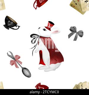 Watercolor pattern on the theme of Alice in Wonderland. White rabbit with a cup, spoon and cards. Elegant design for printing on textiles and wrapping Stock Photo