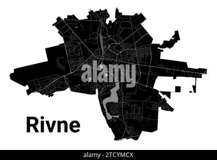 Rivne city map, Ukraine. Municipal administrative borders, black and white area map with rivers and roads, parks and railways. Vector illustration. Stock Vector