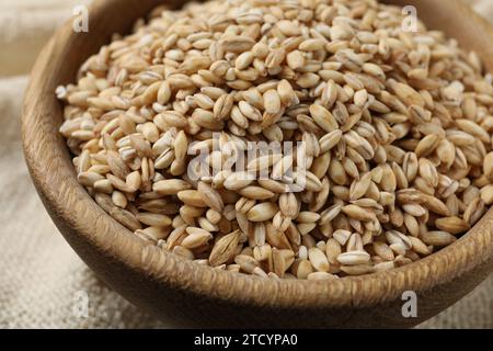 Dry pearl barley in bowl on table, closeup Stock Photo
