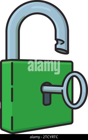 Opened green padlock with key isolated vector illustration for Freedom of Information Day on March 16 Stock Vector