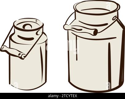 Vintage milk can with black doodle icon. Thin line sketch drawing. Hand drawn illustration for dairy products, eco farm, packaging design, label. Cont Stock Vector