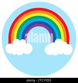 eps vector illustration showing wonderful colored rainbow with white clouds at the ends and round blue background Stock Vector