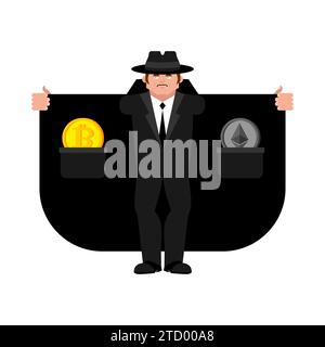 Cryptocurrency smuggler. Illegal sale of Bitcoin. Black market money laundering concept. Stock Vector