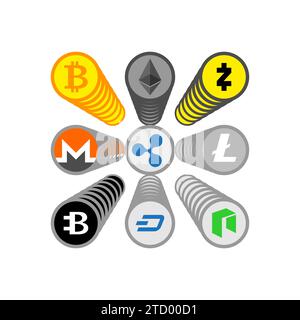 Cryptocurrency set. Bitcoin and Ethereum, Monero and Litecoin. Stock Vector