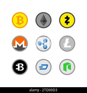 Cryptocurrency set. Bitcoin and Ethereum, Monero and Litecoin. Stock Vector