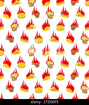 Fiery fast food Pattern seamless. Hot fast food texturel. Fiery food. Street food concept with pepper.Burrito and burger. Fried chicken and pizza. Chi Stock Vector