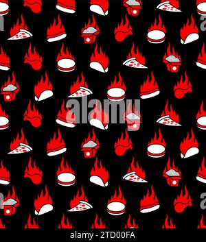 Fiery fast food Pattern seamless. Hot fast food texturel. Fiery food. Street food concept with pepper.Burrito and burger. Fried chicken and pizza. Chi Stock Vector