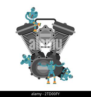 Mini robot Car mechanic and Engine. Nanorobots and Internal combustion engine. Car service of  future concept. Technologies of future in automobile Stock Vector
