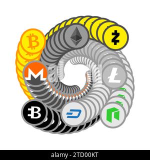 Cryptocurrency set. Bitcoin and Ethereum, Monero and Litecoin. Stock Vector