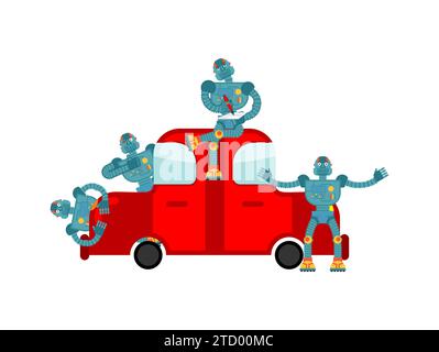 Mini robot Car mechanic and car. Nanorobots and auto. Car service of  future concept. Technologies of future in automobile Stock Vector