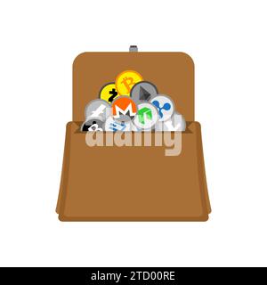 Cryptocurrency briefcase isolated. Complete portfolio of cryptocurrencies. Bitcoin and Ethereum, Monero and Litecoin. Stock Vector