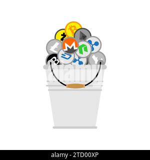 Cryptocurrency bucket. Bitcoin and Ethereum, Monero and Litecoin. Stock Vector
