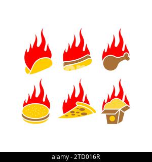Fiery Hot fast food symbol set sign icon. Fiery food. Street food set concept with pepper. Burrito and burger. Fried chicken and pizza. Chinese food a Stock Vector