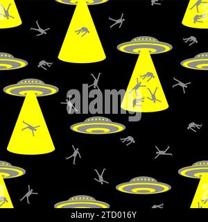 UFOs abduct people Pattern seamless. Strangers steal man Background. Body snatchers Conspiracy theory ornament. Space invaders take people for experim Stock Vector