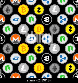 Cryptocurrency Pattern seamless. Bitcoin and Ethereum Background, Monero and Litecoin ornament. Stock Vector