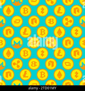 Cryptocurrency Pattern seamless. Bitcoin and Ethereum Background, Monero and Litecoin ornament. Stock Vector