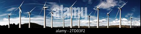 Wind mills farm and sunset landscape.Audio and sound equalizer digital computer concept.3d illustration. Stock Photo