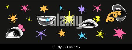 Irregular stars and halftone collage elements set vector illustration Stock Vector