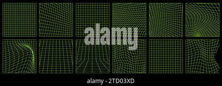 Distorted square grid neon set vector illustration Stock Vector