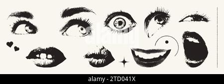 Eyes and lips retro photocopy effect elements set Stock Vector