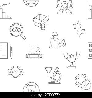 Product quality control seamless pattern in line style. Certification and lab testing. Vector illustration. Stock Vector