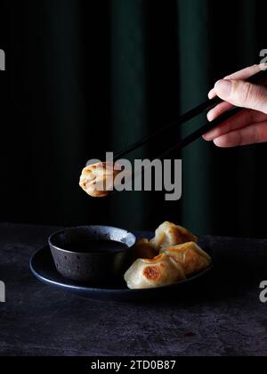 Crop hand of anonymous person gracefully holding chopsticks that delicately grip a golden dumpling against dark green curtains Stock Photo