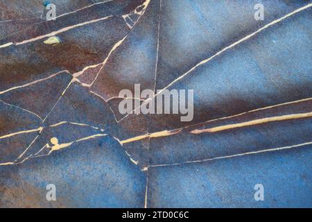 A close-up image showcasing the intricate natural patterns of a blue and brown marble surface, exhibiting rich textures and veins. Stock Photo