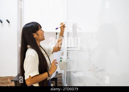 Side view of smiling asian young businesswoman writing on whiteboard with felt tip pen during presentation in office Stock Photo