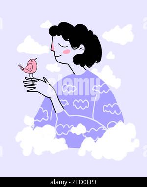 Illustration of smiling woman with eyes closed while bird perching on hand amidst clouds in sky Stock Photo