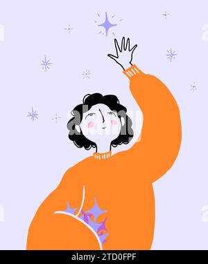 Illustration of happy woman catching sparkling stars in galaxy over white background Stock Photo