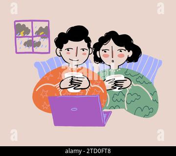 Illustration of man and amazed woman sitting on bed with striped pillows against window during rain and thunderstorm while watching film via laptop Stock Photo