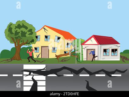 Vector illustration of Destroyed city buildings, cracked road after earthquake disaster Stock Vector