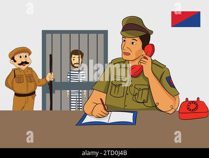 Vector illustration of police station view police officer calling on phone and prisoner in jail Stock Vector