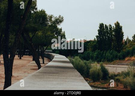 A semi-circular concrete parapet juts out into a distance in a city park. A path goes beyond a horizon A lonely way, pathway in gloomy day before rain Stock Photo