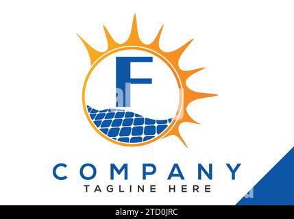 Letter F with solar panel and sun sign Logo Design Vector Template. Stock Vector