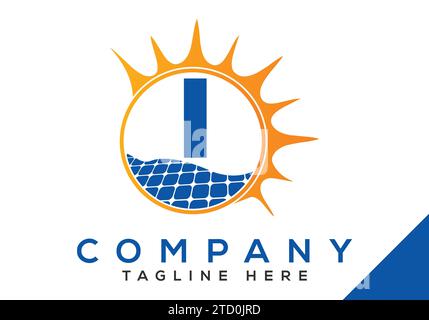 Letter I with solar panel and sun sign Logo Design Vector Template. Stock Vector