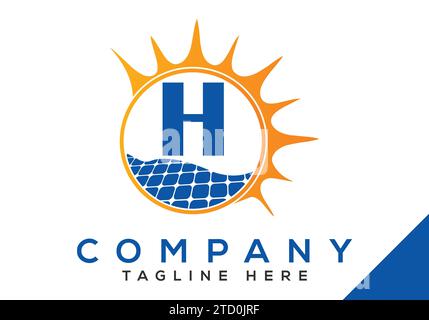 Letter H with solar panel and sun sign Logo Design Vector Template. Stock Vector
