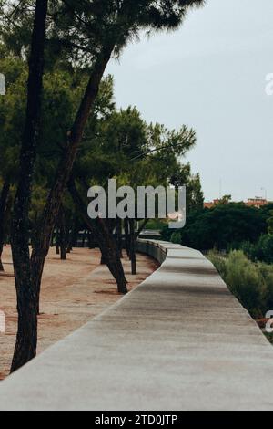 A semi-circular concrete parapet juts out into a distance in a city park. A path goes beyond a horizon A lonely way, pathway in gloomy day before rain Stock Photo