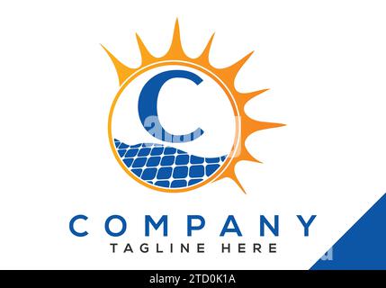 Letter C with solar panel and sun sign Logo Design Vector Template. Stock Vector