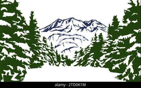 Landscape silhouette with view to mountains and snowy winter wood drawing in woodcut style Stock Vector