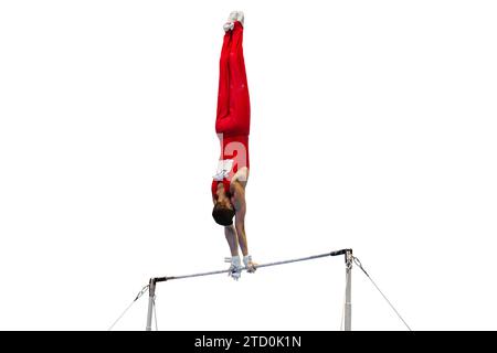 gymnast exercise horizontal bar in championship gymnastics isolated on white background, element handstand Stock Photo