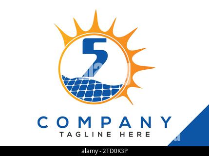 Letter 5 with solar panel and sun sign Logo Design Vector Template. Stock Vector