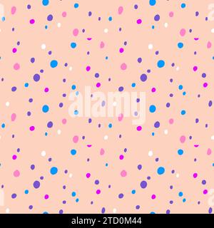 Polka dot doodle pattern with different hand drawn rounded spots isolated on pink background. White, blue, red, purple, pink, violet dotted wallpaper Stock Vector